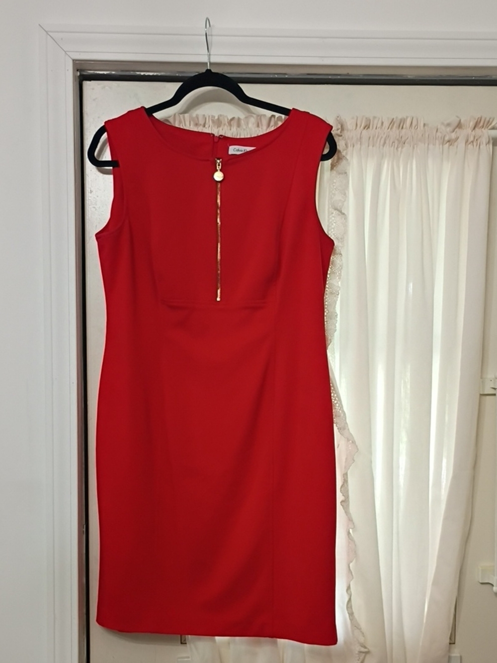 Calvin Klein Red Midi Sheath Dress with Gold Front Zip
